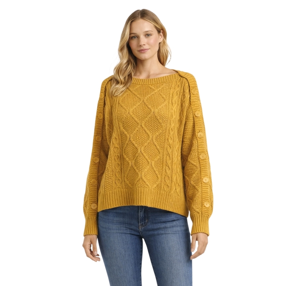 NilI Lotan Dakota Fisherman Knit Button Sweater in Mustard Yellow XS